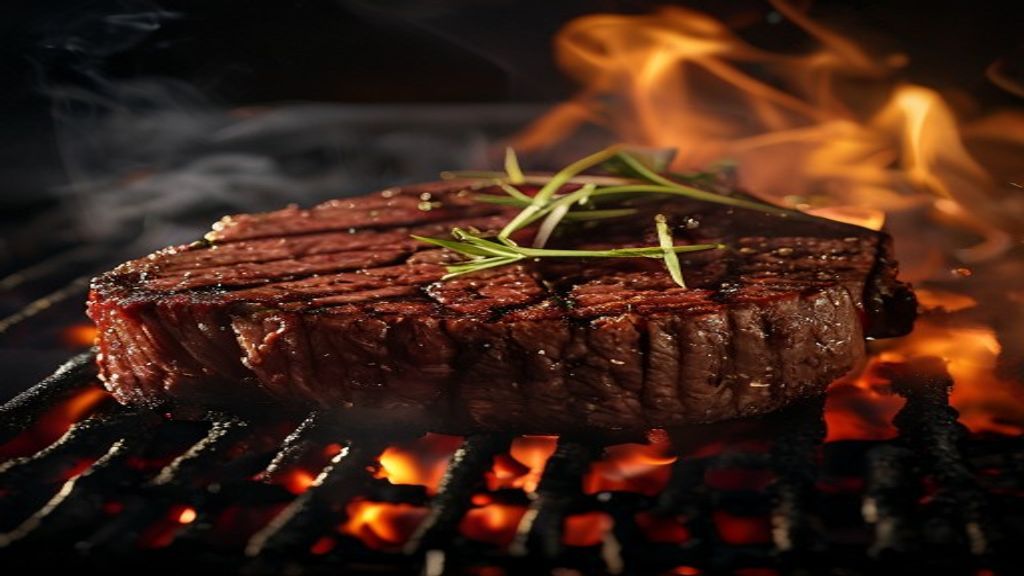 Dickes Entrecote auf dem Grill mit Flammen