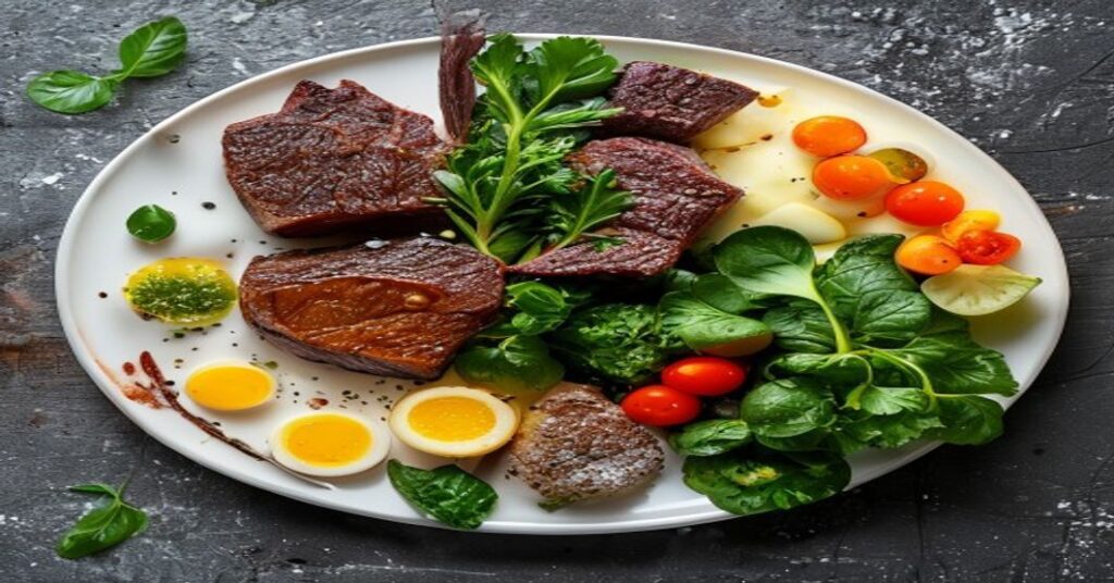 Vergleich Keto und Vegan: Steak und Eier links, Tofu und Gemüse rechts